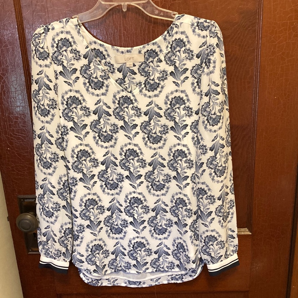LOFT Blue and White Long Sleeve Blouse